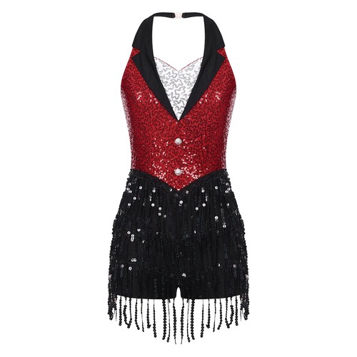 AU Womens Tuxedo Jazz Latin Dance Costume Sequins Tassels Leotard Jumpsuit Dress - Picture 8 of 173