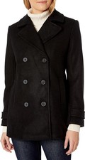 Women's Long-sleeve Plush Peacoat Black Coat Button-front Size M/l