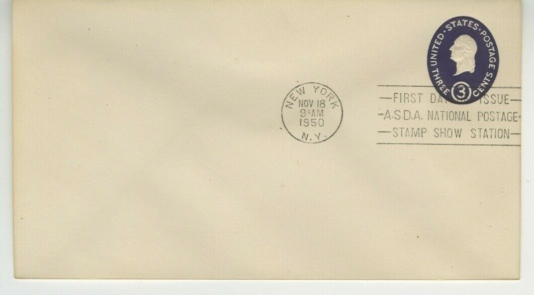 ASDA Stamp Show 1950 No Cachet First Day Cover Scott U534 3c Embossed