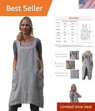 Cotton Linen Apron Cross Back for Women with Big Large, Gray