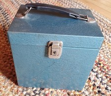 Vintage Blue Metal 45 Record Holder Storage Carrying Case black Handle 