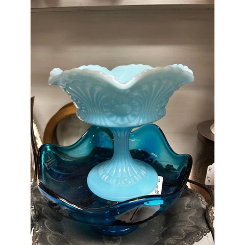 💙 Vintage Fenton Blue Milk Glass Compote 💙