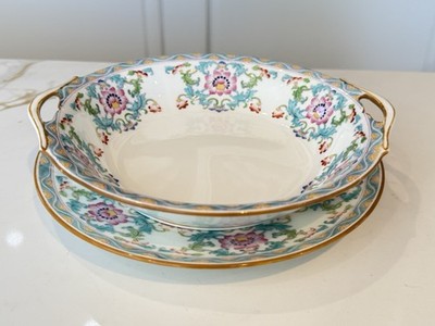 Minton B833 Aqua & Green Scrolls Floral Border Dish & Under plate  EXCELLENT