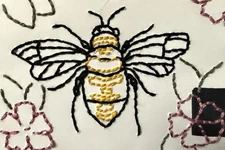 Bee and Flowers Original ACEO Hand Stitched Miniature Embroidery on Paper