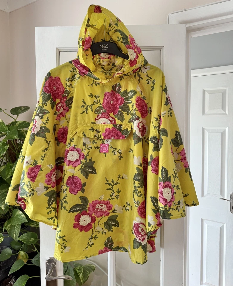 JOULES PONCHO Smock Hood Raincoat CAPE Waterproof Floral Pink Yellow Packable - Image 2 of 4