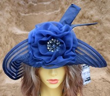 Vintage Whittall Shon Navy Blue Church Derby Hat Dressy Flower Wide Brim NWT