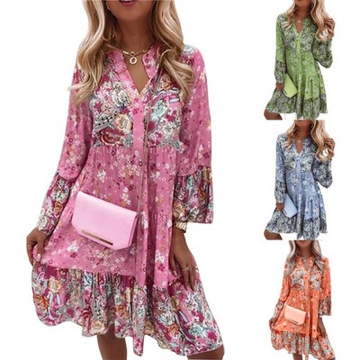 Womens Floral Boho V Neck Loose Dress Ladies Long Sleeve Summer Holiday Sundress