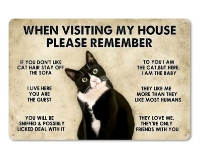 Funny Tuxedo Cat House Rules Tin Sign 8x12'' Wall Decor Gift