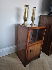 Art Deco Style Oak Bedside Cabinet Display Cupboard Sliding Glass Door Storage