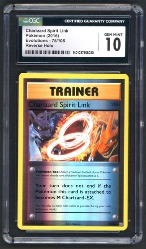 Pokemon Cards - CGC 10 Trainer Charizard Spirit Link 75/108 - Evolutions Reverse