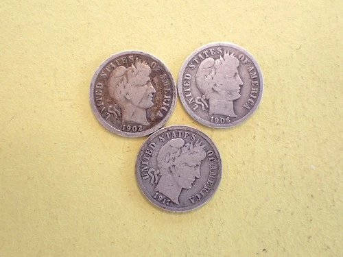 A Lot of 3 silver Barber dimes 1902 1906 1907 VG  Cond set RGR 461