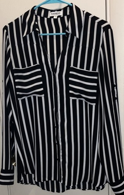 #ad #ad Express The Portofino Shirt Button Up Roll Tab Sleeve Black White Striped Large $17.78