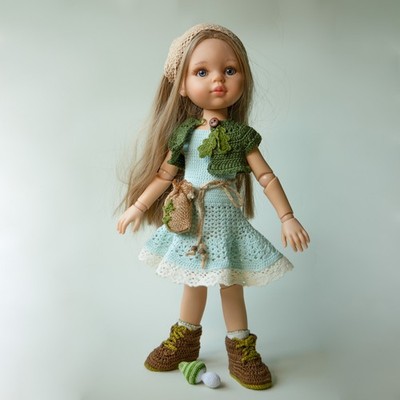 Paola Reina 13'' Doll Clothes Handmade Crochet Dress Bolero Boots Forest Outfit