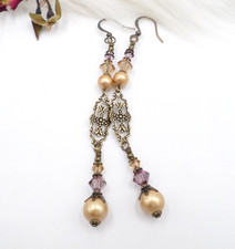 Handmade Victorian Style Earrings Antique Brass Long Gold Pearl Filigree Crystal