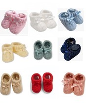 Baby Booties Socks Cable Knit Boy Girl White Green Blue Pink Navy Turn Down Bow