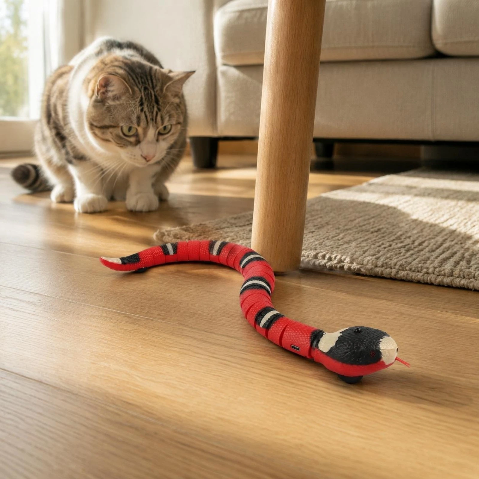 Obstacle Avoiding Feline Toy Universal Serial Bus Re-Energizable Snake Feline