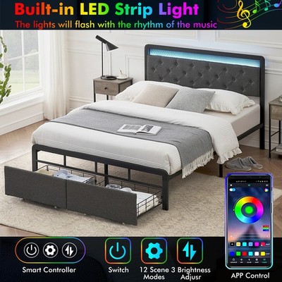 Queen Full Size LED Bed Frame Upholstered Platform Bed with Headboard & 2 Drawer