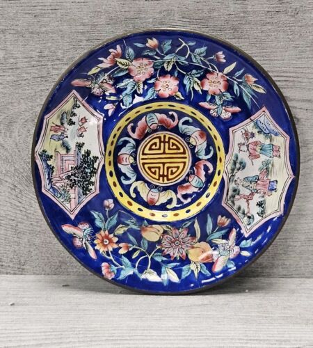 Chinese Enamel Hand Painted Plate Floral Figural Design 19th Century Antique - Picture 3 of 7