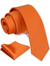 2.4" Slim Necktie and Handkerchief Set For Men Solid Skinny Tie Pumpkin Orange