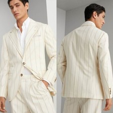 Men Beige Striped Suit Single Breasted Notch Lapel Jacket Casual Modern Custom