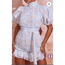 Pretty Little Thing Tie Dye Chiffon Tie Waist Mock Neck Dress Size 4