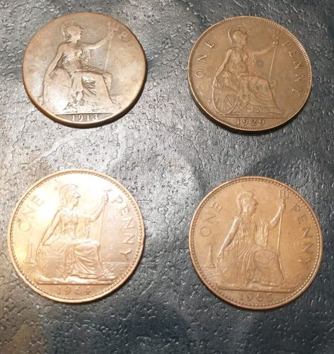 GREAT BRITAIN ONE PENNY LOT OF 4. 1913*1929* 1964*1965* GEORGE V & ELIZABETH II