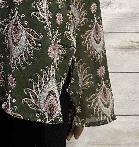 Alice blaue Bluse Medium halbtransparent grün Pfau Blumendruck erhöhter Indie - Bild 10 von 16