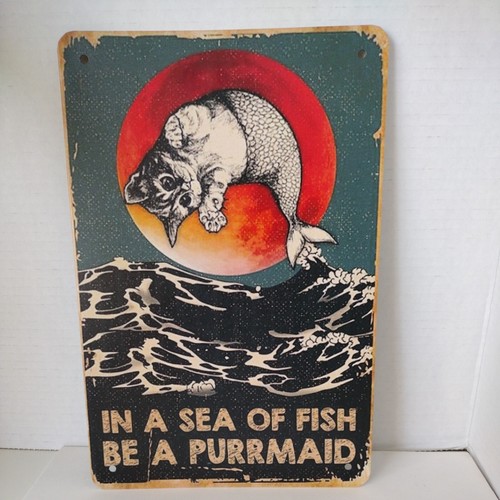 Cat Mermaid Retro Sunset Cat in a Sea 8 X 12 Tin Poster adorable - Picture 3 of 6