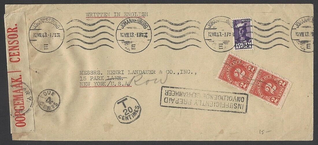 South Africa 1943 censor cover U Reservation PREPAID USA INSUFFICIENTLY to Over item handling ☆