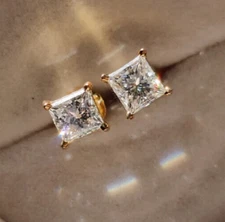 4 Ct Princess Cut Simulated Diamond  Stud Earrings 14K Yellow Gold Over Silver