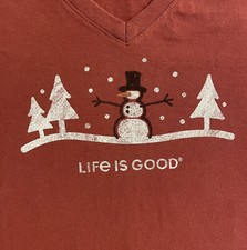 LIFE IS GOOD LS Shirt Crusher Tee SNOWMAN Winter X-Mas Trees Red Women?s Small