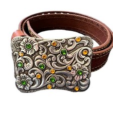 Official John Deere Ladies Top Grain Leather Belt W/Floral  Stone PatternBuckle