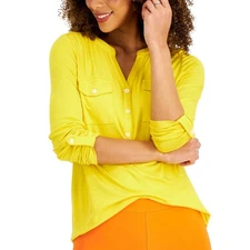 Style & Co Womens M Daisy Daze Yellow Roll Tab Sleeve Split Neck Top NWT H80