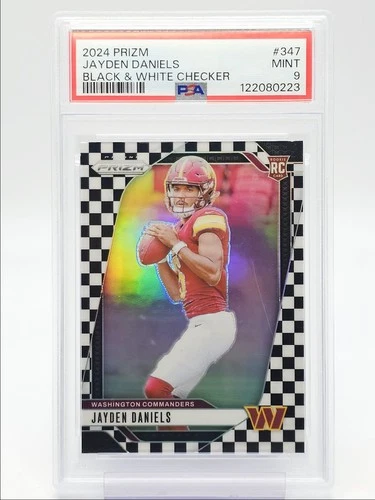 JAYDEN DANIELS 2024 PANINI PRIZM ROOKIE BLACK & WHITE CHECKER D RC PSA 9 Q0004