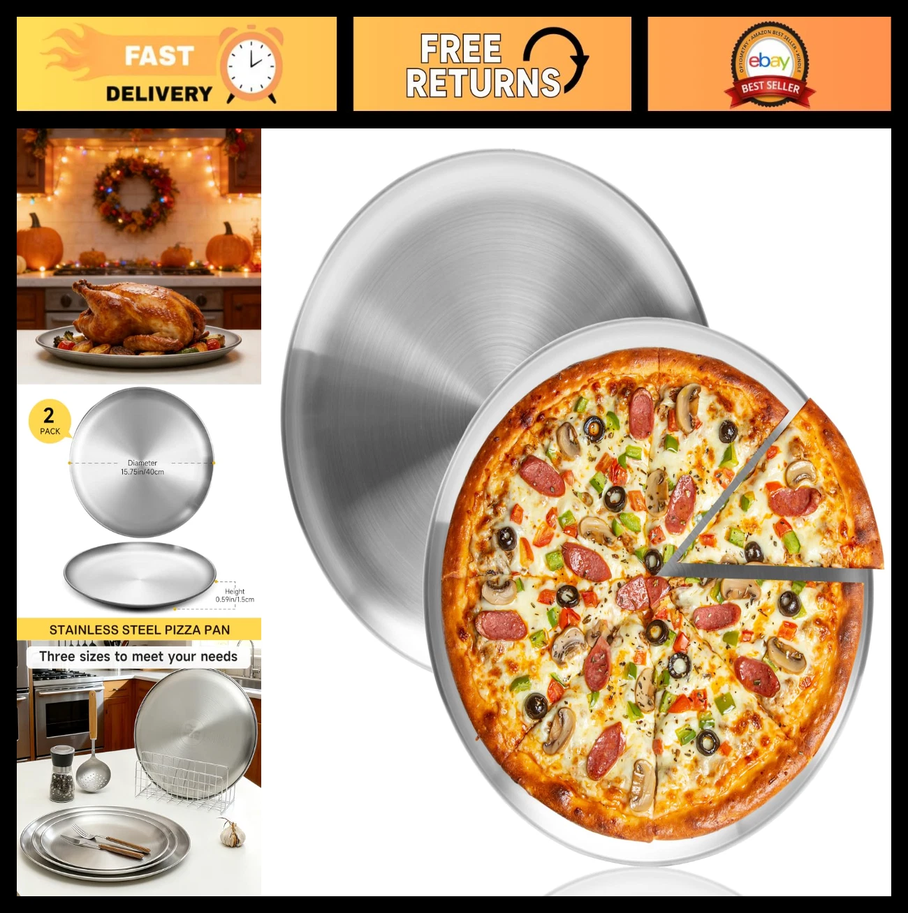 16" Stainless Steel Pizza Pan Set - 2 Pack Round Baking Sheets for Oven, Cake, P