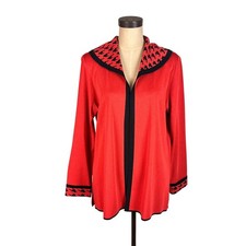 Misook Red Black Houndstooth Open Front Knit Cardigan Sweater Jacket Large