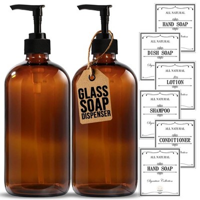 , 16 OZ Thick Amber Glass Soap Dispenser with Pump 2 Pack, Hand and Dish Soap...