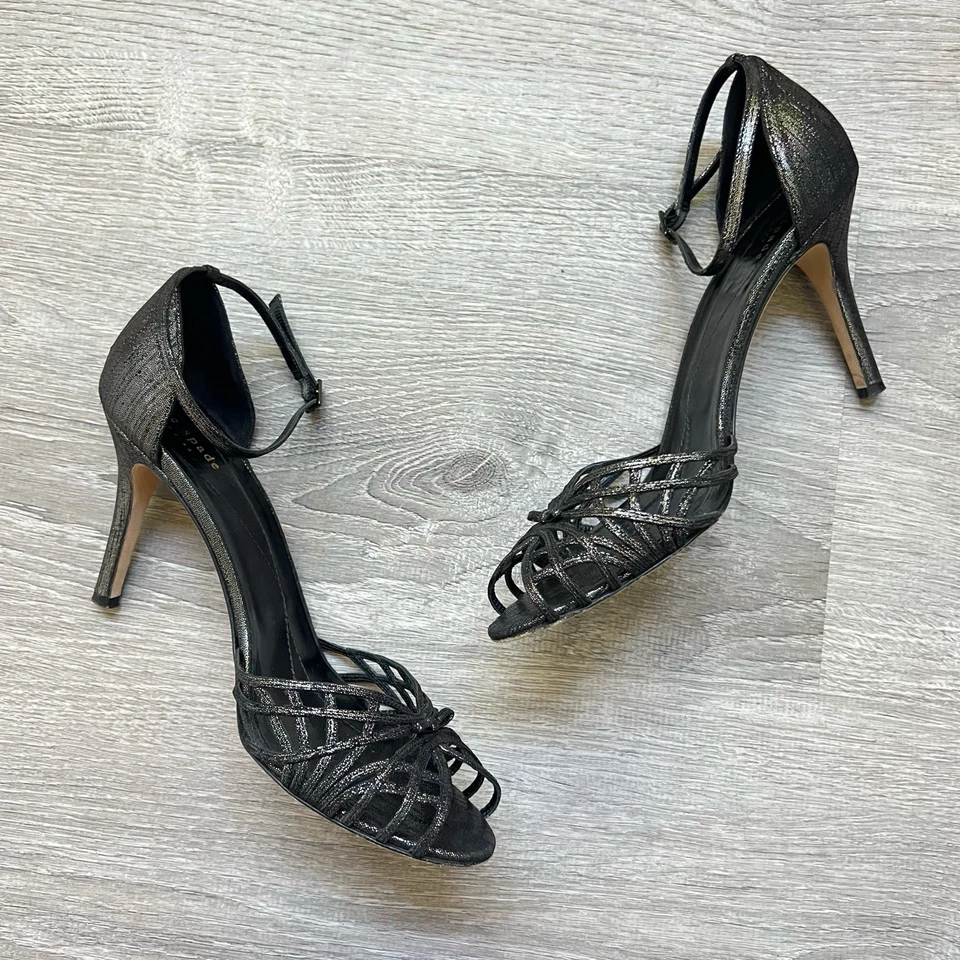 KATE SPADE Sz 10 Black Leather Strappy Heels Cage Peep Toe Ankle Strap Shoes - Image 3 of 4