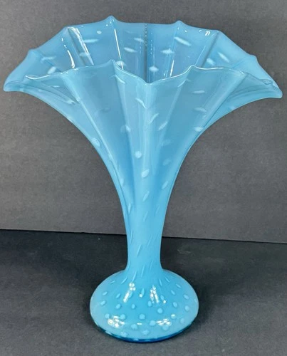 Vintage Blue Opaline Art Glass Fan Vase Controlled Bubble Fenton? Murano?