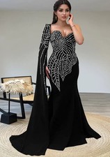 LATEST DESIGN Black Beaded Rhinestone Maxi Bodycon Evening Dress Size 12