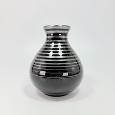 Schwarzglas Black Glass Vase Silver Stripe Streifendekor Art Deco 60er H 16 cm