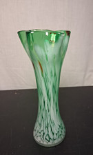 Art Glass Bud Vase Green White Hand Blown Ruffle Swirl Studio Art Glass 7" Decor