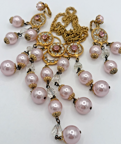 Vintage Rosa Kunstperlen Strass Fransen Tropfen Halskette Ohrring Set Goldfarben - Bild 5 von 8