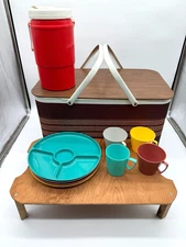 Vintage Redmon Picnic Basket Red  Woven + Steri-lite Plates Cups + BEE Thermos