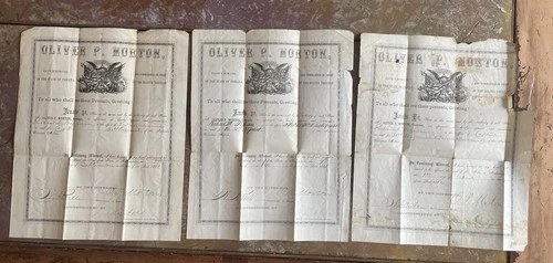 3 Civil War, Indiana Vlnteer Militia Promotion Document 1861-62. Oliver P Morton