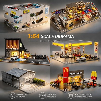Diorama 1/64 Scale Diecast Car Garage Model LED Street Building Display Gifts US
