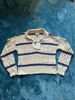 Universal Thread Women's S Cream/Blue Striped Knit Collared Lightweight Pullover