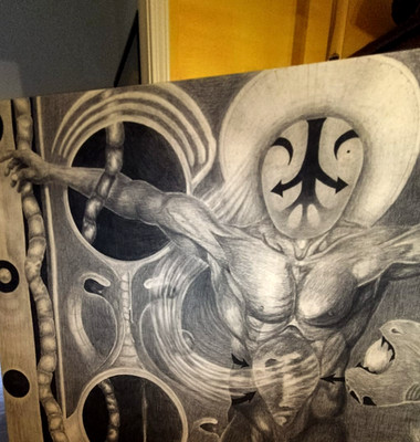 Vintage surreal nude painting large charcoal art work original 59.5x75 male arte