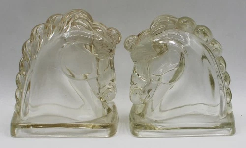 VINTAGE 2pcs MCM PRESSED HEAVY HORSE BOOKENDS FEDERAL CLEAR GLASS 1950's?