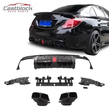 FOR 2015-21 BENZ W205 C63 C43 SEDAN B STYLE LED BUMPER DIFFUSER+BLK EXHAUST TIPS